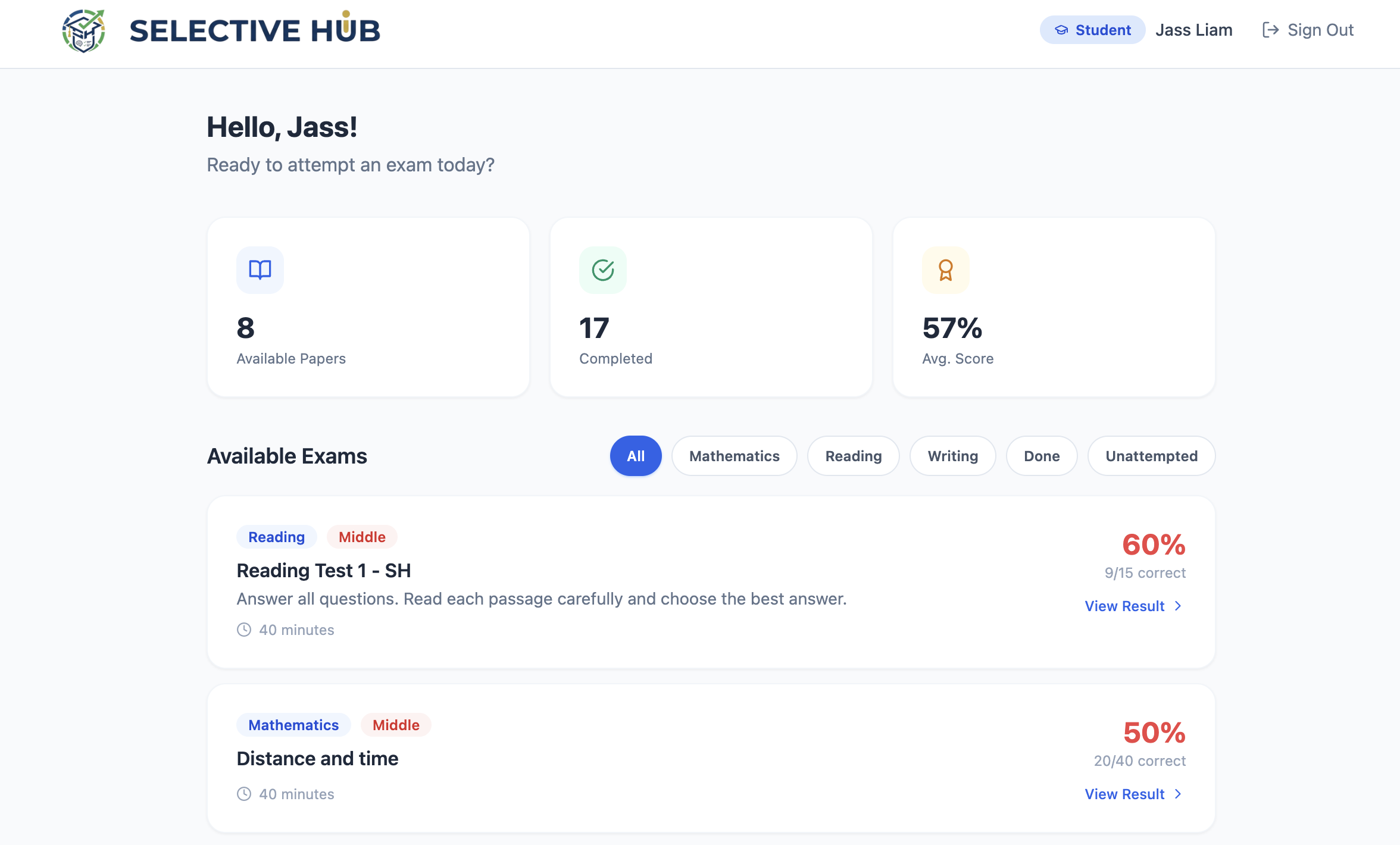 Selective Hub student view